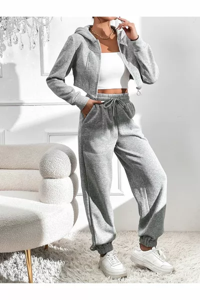 سروال رياضي رمادي بخصر مرتفع مبطن من الداخل بالفرو