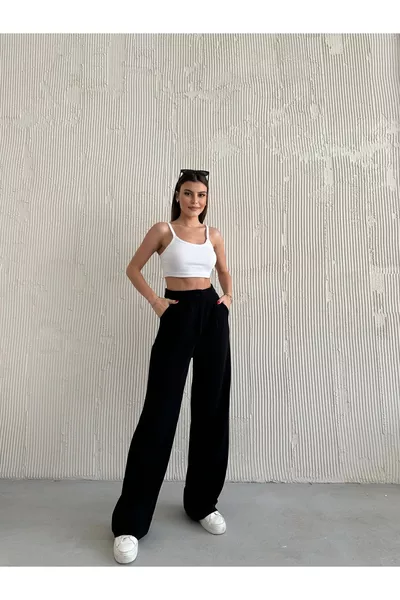 Kadın Likralı Siyah Yüksek Bel Pileli Palazzo Pantolon..