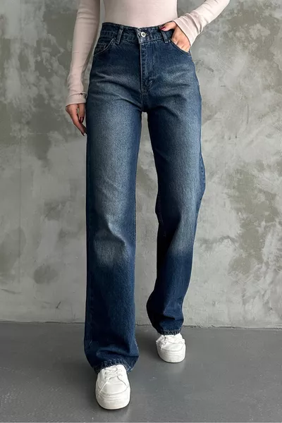 بنطلون جينز واسع مرتفع الخصر للنساء