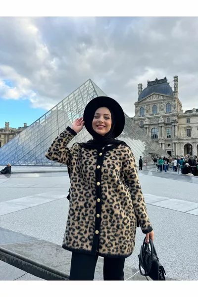 Swc Leoparden Strickjacke für Damen, Rundhalsausschnitt, mit Leopardenmuster, braune Wollstrickjacke