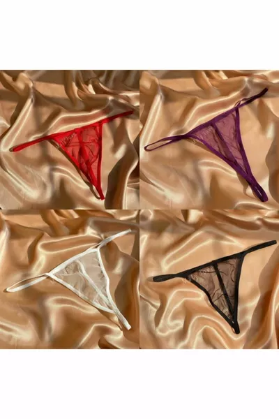 Women's 4-Piece Transparent Tulle Elegant Thong Set – Red / Purple / White / Black