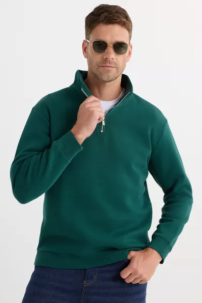 سويت شيرت بياقة عالية نصف سحاب، قطن مريح مبطن بالقطن، تصميم فضفاض للجنسين، باللون الأخضر الزيتوني