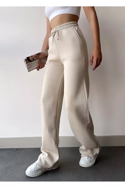 بنطال رياضي نسائي شتوي بخصر مرتفع ورباط، قصّة واسعة من الداخل مبطّن بالفرو