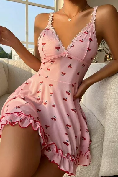 Romantic Pink Cherry Print Strappy Thong and Nightgown