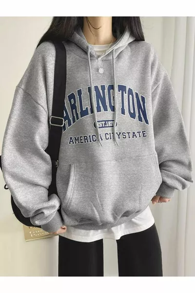 سويت شيرت بغطاء رأس من القطن مطبوع باسم ولاية مدينة أرلينغتون الأمريكية للنساء