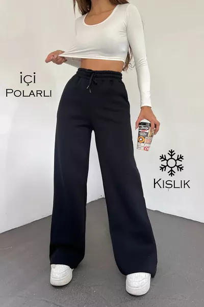 بنطال رياضي نسائي أسود شتوي مريح بخصر عالي وفضفاض مبطن من الداخل