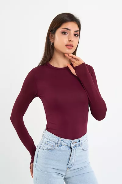 Women's Burgundy Crew Neck Bodysuit with Finger Detail