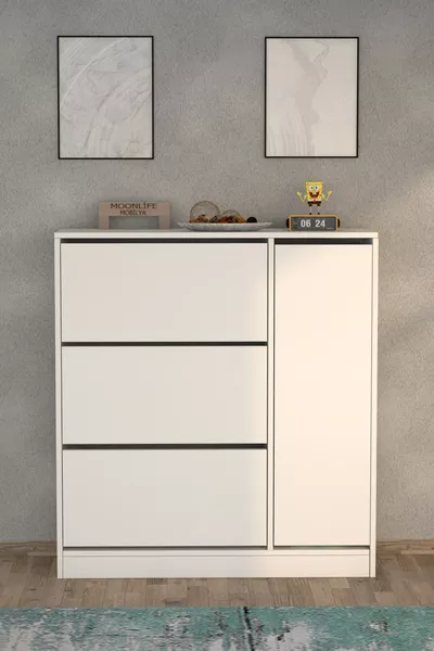 خزانة أحذية بيضاء من ميلانو بثلاث أبواب مع رف متحرك