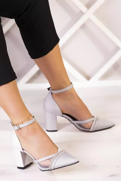 Molly Silver Satin Stone Mesh Thick Heels 7 cm.