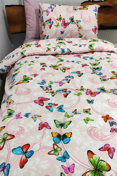 Parure de lit une personne avec drap-housse, papillons roses