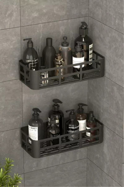 OMAŞ Bathroom Kitchen Shower Shelf 2 Pieces Shampoo Holder Soap Dish Black Adhesive Organizer 