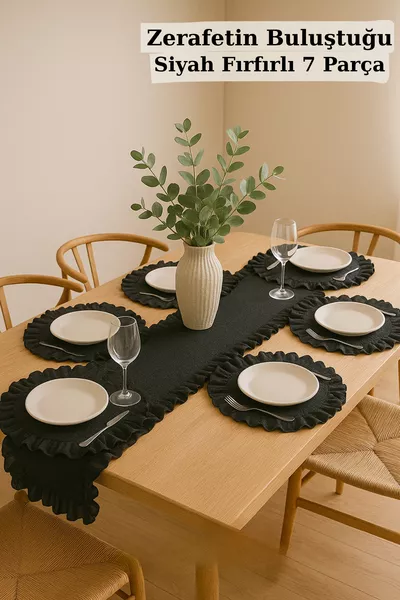 Zwarte Linnen Runner met Ruches & Set van 6 Ruches Placemat - 7-delige Dowry Set