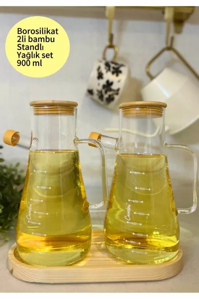 Bambu Kapaklı Ve Bambu Altlıklı Borosilikat Cam Yağdanlık Yağlık Sirkelik - 3 Lü Set