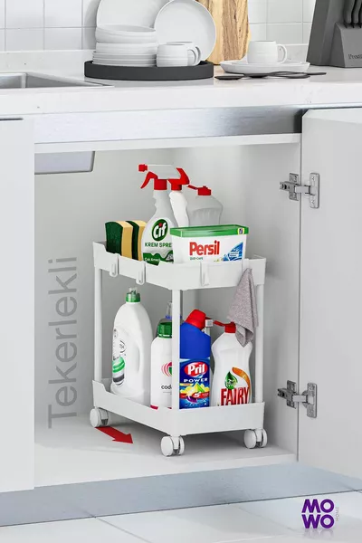 Organizzatore Bianco a 2 Piani con Ruote, Set di 2 Pezzi, mensola da cucina e bagno, per sotto il lavello, porta detersivi