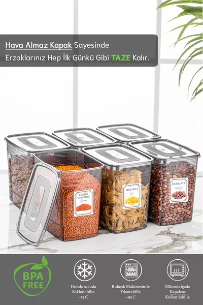 6-Piece Mega 3.5 Liter Legume Container - Labeled Lena Jar Food Storage Container