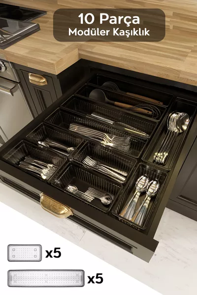 Organisateur de tiroir modulaire  pièces pour cuillères, fourchettes et couteaux, couleur anthracite