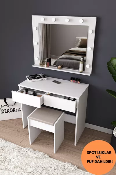 B LED Lighted Mirror Organizer Makeup Table with Stool, Compartmentalized Drawer Cosmetic Table