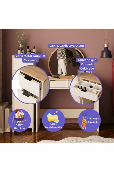 طقم طاولة مكياج فلورا مع 2+5 أدراج ومنظم مجوهرات مع مرآة كومود حجر رملي وسلة