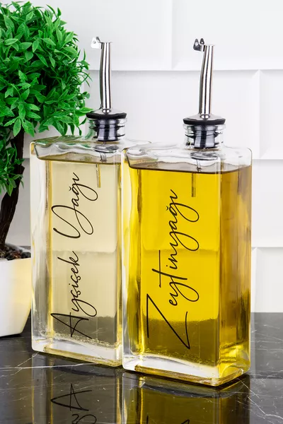 Set di 2 Oliera in Vetro con Coperchio Argentato, Contenitori per Olio di Girasole e Olio d'Oliva, Acetiera, Capienza ml