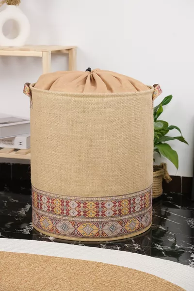 Декоративна бохемска кошница от юта с мрежа - Кош за дрехи, кърпи и пране  x 