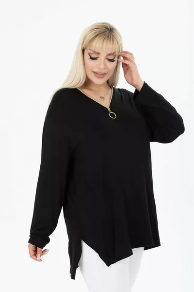 Black Collar Zip-Up Long Sleeve Blouse