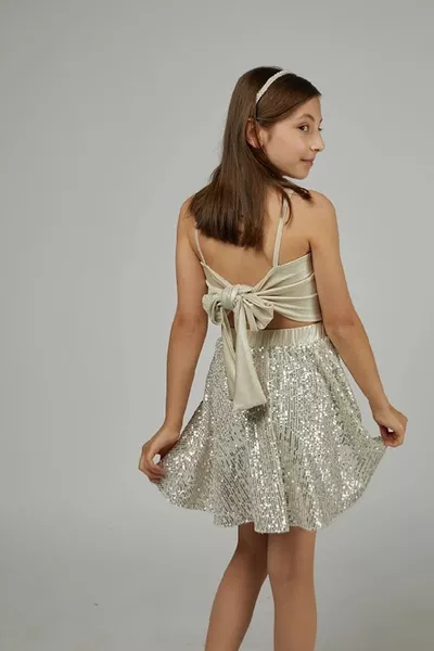 Ensemble de cérémonie fille argenté jupe à paillettes et crop top