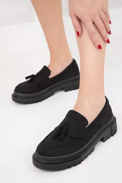 SCHWARZES WILDLEDER Damen Loafer Schuhe 