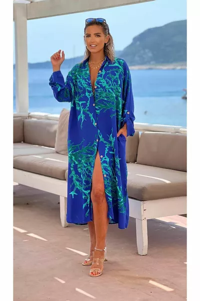 Robe chemise en viscose à imprimé récif de couleur bleue