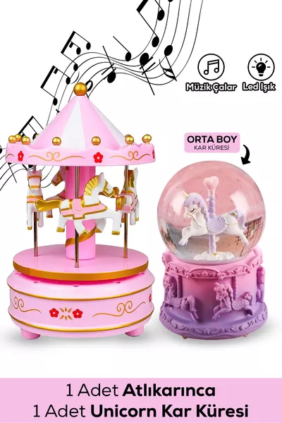 Музикална кутия въртящо се конче и снежна топка с еднорози с LED светлини, музикален декоративен подаръчен комплект