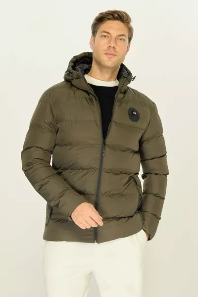 Heren kaki gevoerde water- en winddichte gewatteerde winterjas met capuchon