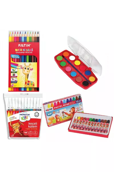 4-teiliges Schulmalkasten-Set - ( Filzstifte +  Buntstifte +  Pastellkreiden +  Aquarellstifte)