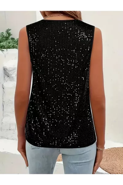 بلوزة بدون أكمام بياقة على شكل V ومزينة بالترتر، أنيقة للحفلات والعطلات