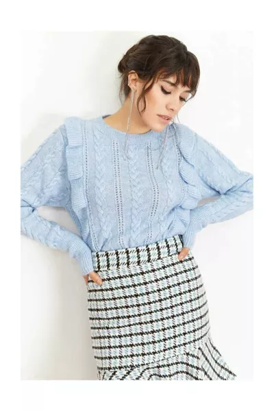 Дамски син ажурен пуловер с къдри