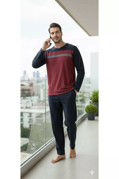 طقم بيجامة رجالي بأكمام طويلة بلون خمري مقطع