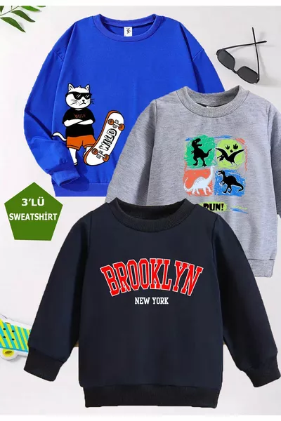 Skateboard Cat Printed 3-Pack Unisex Kids Sweatshirt, Crew Neck, Blue-Grey-Navy