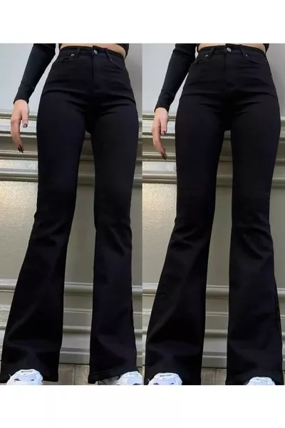 بنطال جينز نسائي بقصة أرجل واسعة عالية الخصر باللون الأسود