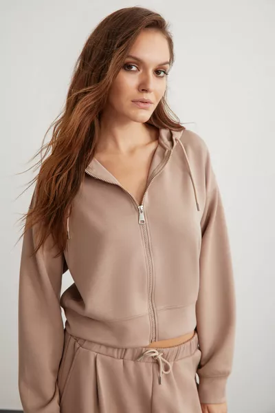 Sweat-shirt court en molleton Vison pour femme Jıll, coupe décontractée, à capuche zippée, en tissu premium tricoté