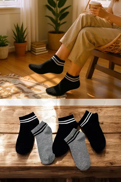 5-Pack Women's and Men's Black and Gray Striped Ankle Socks