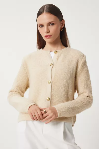 Women's Dark Cream Bouclé Knit Cardigan Jacket 