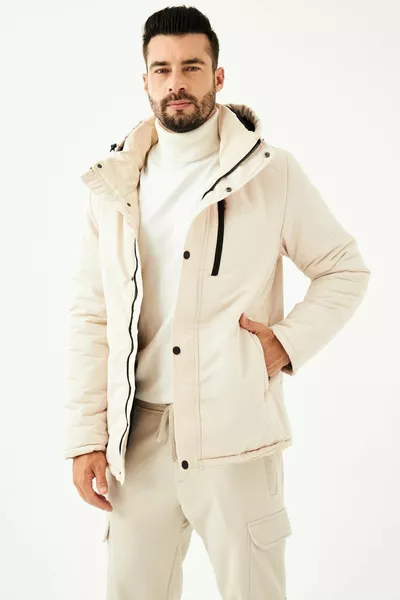 معطف شتوي رجالي ببيج بغطاء للرأس مقاوم للرياح & كاب & باركا