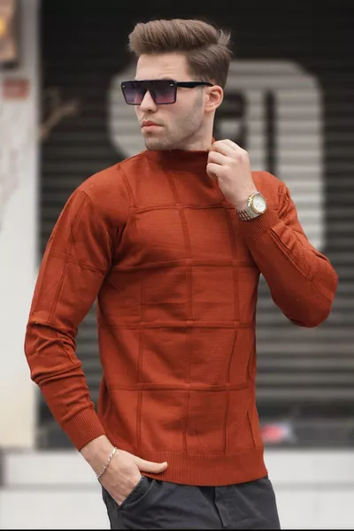 سترة صوف برقبة صينية لون قرميدي 