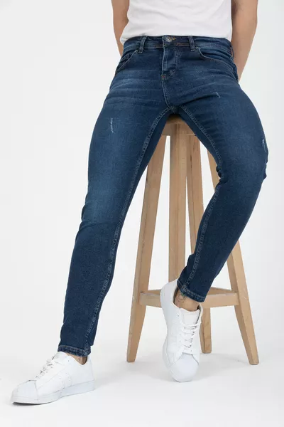 Herren-Lycra-Jeanshose Blau Destroy Enger Schnitt Skinny Fit Mit Knöpfen