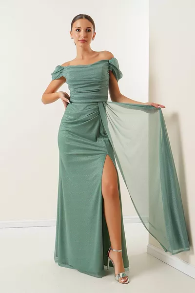 فستان طويل لامع بالنعناع برباط أمامي منخفض الأكمام