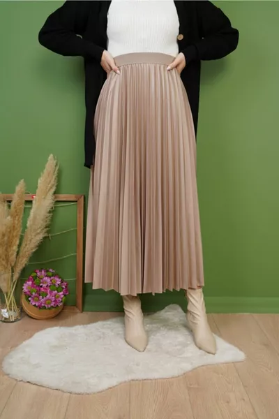 Jupe plissée aspect cuir femme couleur marron lait Nouvelle saison