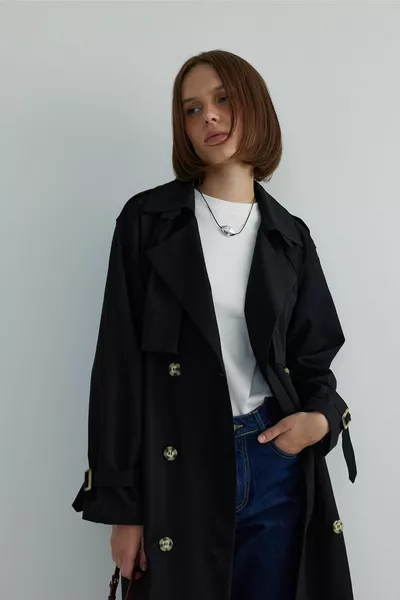 Zwarte lange katoenen trenchcoat