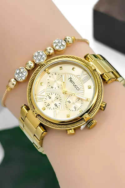 Damenuhr mit Stahlarmband, Stahlgehäuse, steinbesetztem Armband, Geschenk, Gold 