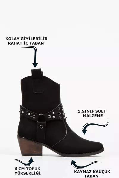 Handgemaakte zwarte suède cowboylaarsjes met hoge hak en puntige metalen details voor dames