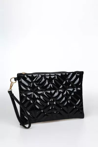 Женский клатч-портфель черный из лаковой кожи с геометрическим узором