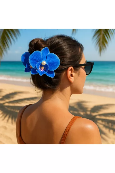 مشبك شعر بأزهار الأوركيد مع خرز لؤلؤي، مقاس  سم، مزدوج الوجه، قطعة واحدة