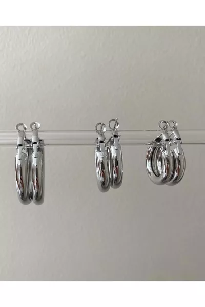 Silver Steel 3-Layer Double 6-Piece Hoop Earring Set